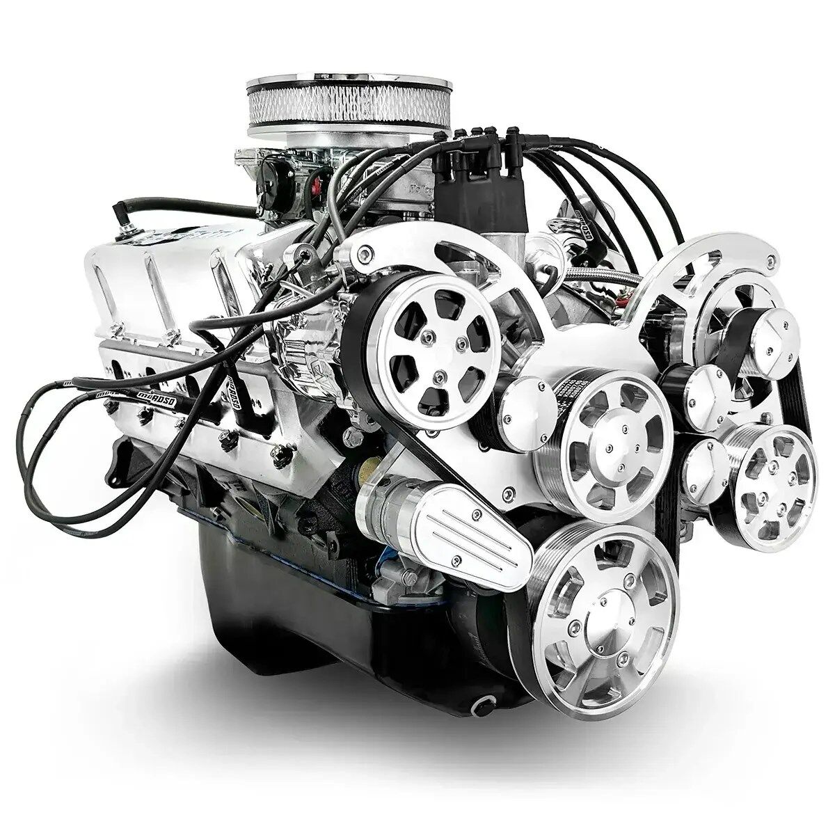 Ford Small Block 347 c.i. Engine - 415 Horsepower - Rear Sump Oil Pan Deluxe Dressed with Polished Pulley Kit - Carbureted